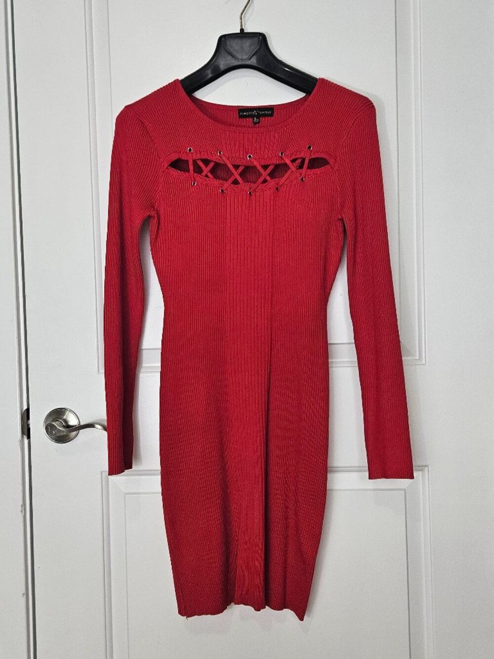 Almost Famous XL Red Ribbed Knit Bodycon Lace Up Cutout Holiday Party Dress